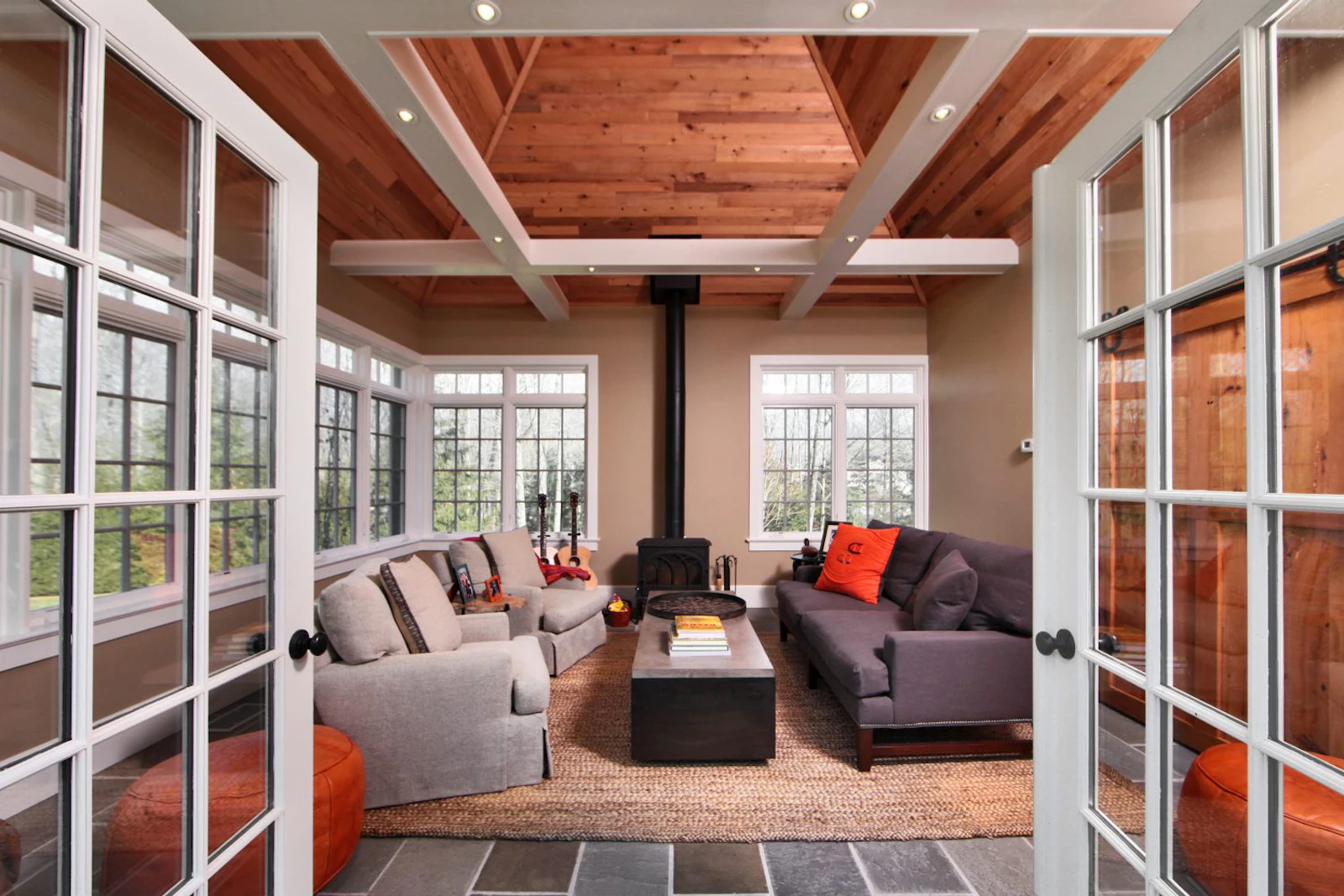 Custom Built Sunroom with Wood Stove and French Doors